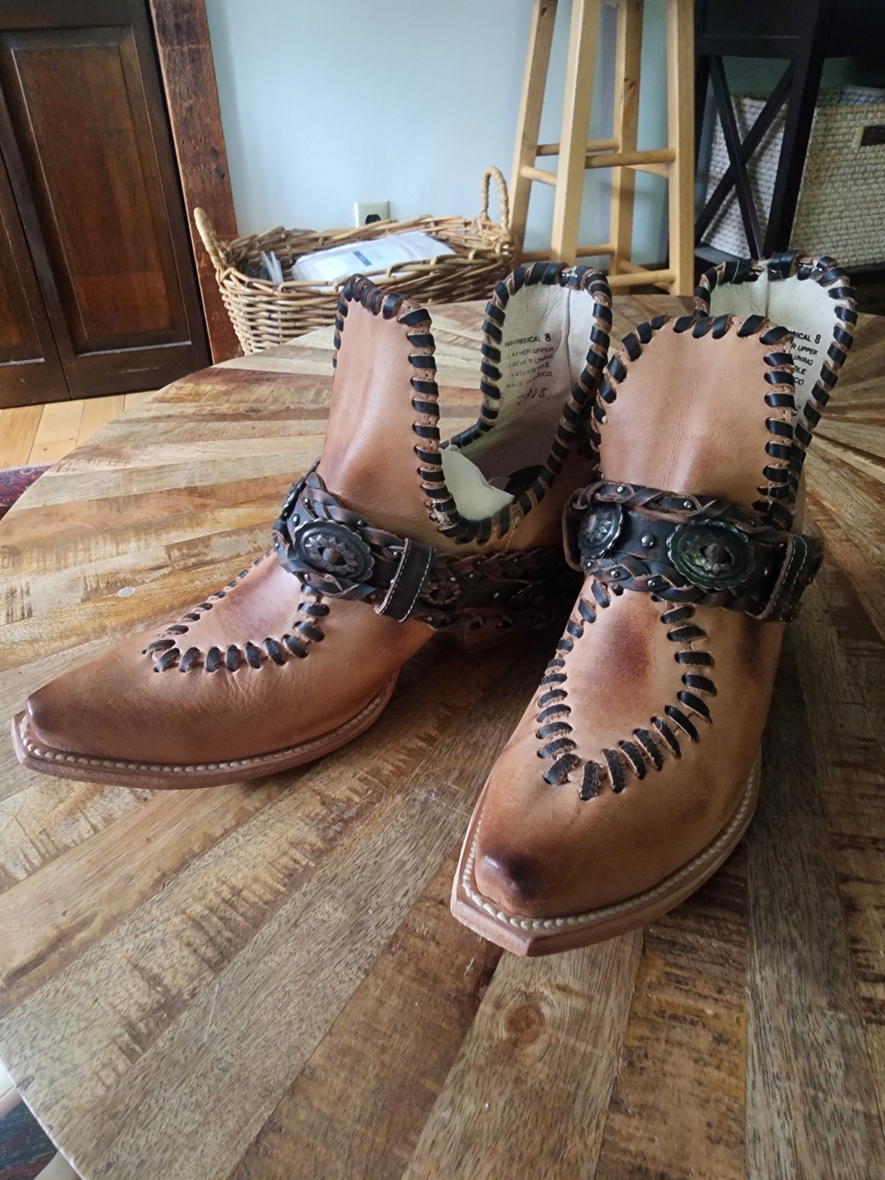 freebird Whimsical Tan Leather Western Ankle Boots with Decorative Concho Strap